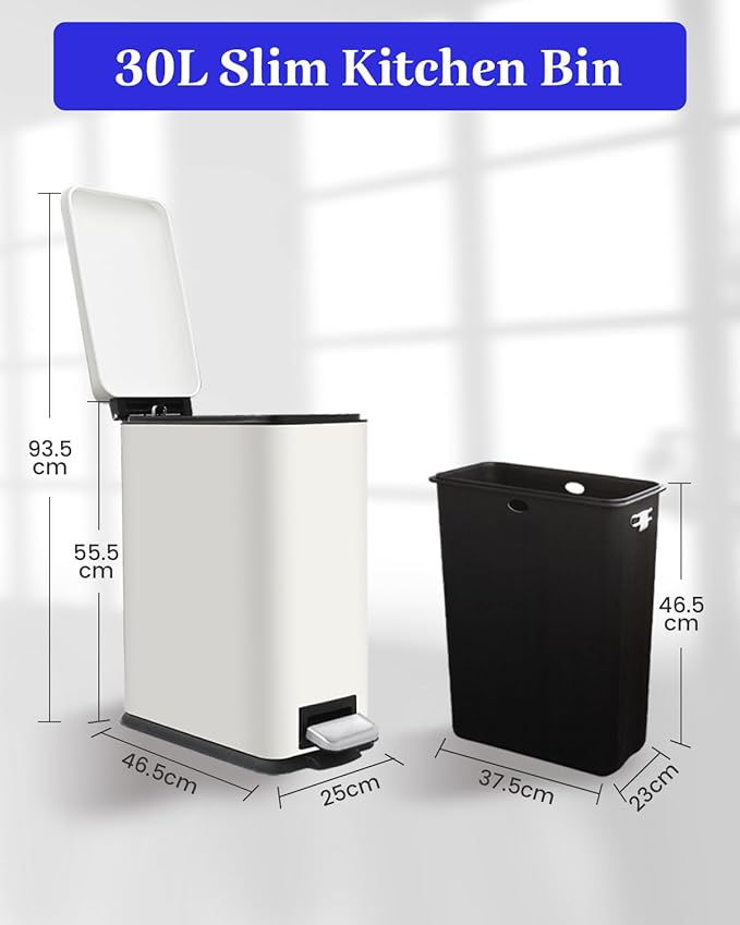 Kitchen Rubbish Bin, 30 L, Narrow Pedal Bin with Lid, Stainless Steel Kitchen Rubbish Bin with Inner Bucket, Rectangular Waste Bin for Kitchen, Bathroom, Bedroom, Office, White-DeskLoop Office