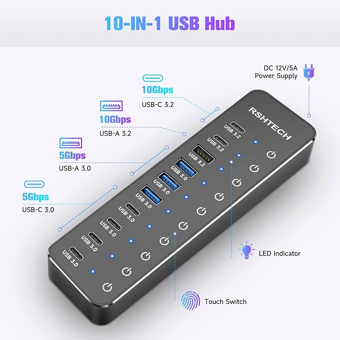 RSHTECH 10 Ports Powered USB 3.2/USB C Hub Splitter 60W with 3 x 10Gbps USB 3.2 Ports (2C + 1A),7 x USB 3.0 Ports (4C +3A), 3.3ft Cable and Individual Touch Switches for Laptop PC-DeskLoop Office