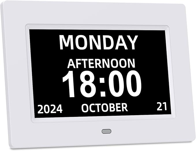 Digital Calendar Alarm Clock for Seniors - 7" Large Display with Day/Date, 12 Custom Alarms & Auto-Dimming | Medication Reminder, Dementia-Friendly Design, Easy Read (White)-DeskLoop Office
