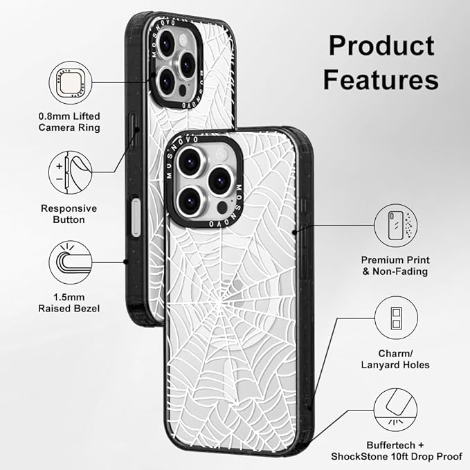 MOSNOVO Magnetic Case for iPhone 16 Pro, 10ft Military-Grade Protection, Compatible with Magsafe, Shockproof Phone Case for iPhone 16 Pro - Spider Web - Clear Black-DeskLoop Office