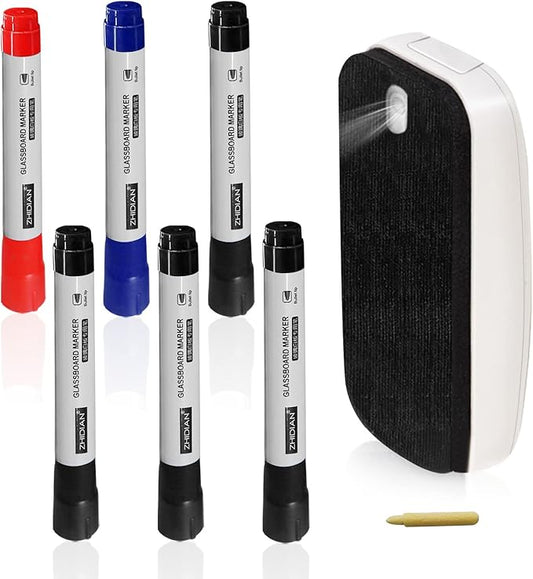 Glass Whiteboard Markers, Spray Magnetic Eraser & 2-in-1 Reversible Dual Tip - Bullet & Fine Point, Erasable Liquid Dry Erase Pens (4 Black 1 Blue 1 Red) for Acrylic Window Mirrors-DeskLoop Office