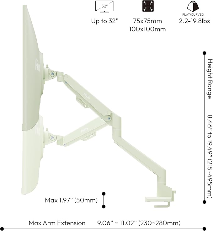 Pixio PS1S Wave Mint Green Single Monitor Arm Stand Desk Mount - Fits up to 32 inches Monitors and up to 19.8lbs. VESA Compatibility and Integrated Cable Management-DeskLoop Office