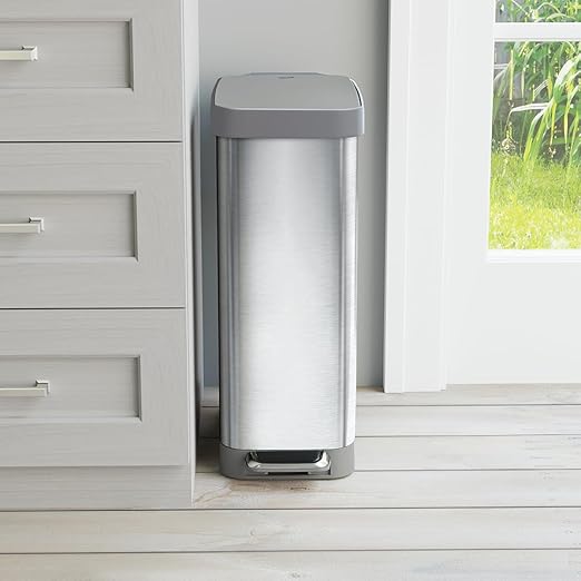 Glad Slim Trash Can with Clorox Odor Protection - Narrow Kitchen Garbage Bin with Soft Close Lid, Step On Foot Pedal and Waste Bag Roll Holder, All Stainless, 45 Liter-DeskLoop Office