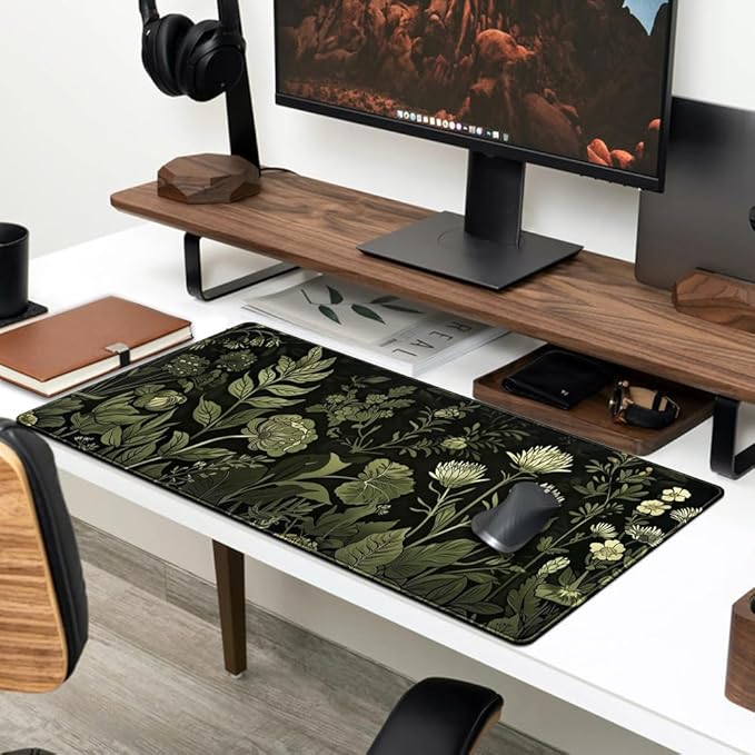 Sage Green Floral Black Plant Desk Pad Retro Aesthetics Mouse Pad Large Gaming Mouse Mat for Office Computer Keyboard Laptop Home with Stitched Edges,Non-Slip Base 31.5 X 11.8 in-DeskLoop Office