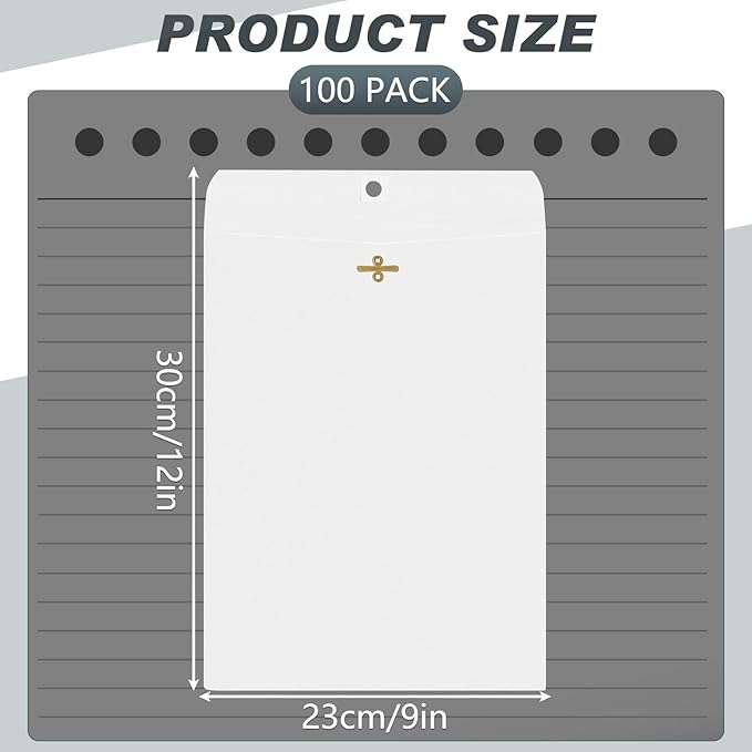 Geyee 100 Pcs Clasp Manilla Envelopes 9 x 12 Inch Gummed Colored Envelopes for Storing or Mailing for Home Office Business Supplies(White)