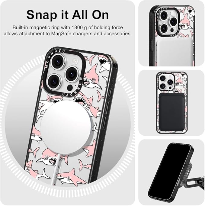 MOSNOVO Magnetic Case for iPhone 16 Pro, 10ft Military-Grade Protection, Compatible with Magsafe, Shockproof Phone Case for iPhone 16 Pro - Pink Sharks - Clear Black-DeskLoop Office