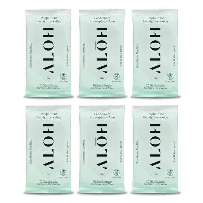 ALŌH Peppermint Eucalyptus Sanitizing Hand Wipes - Clean Hands, Clear Mind On The Go Sanitizer for Kids and Adults - Travel Size 6 packs of 20ct Wipes (120 Wipes)-DeskLoop Office