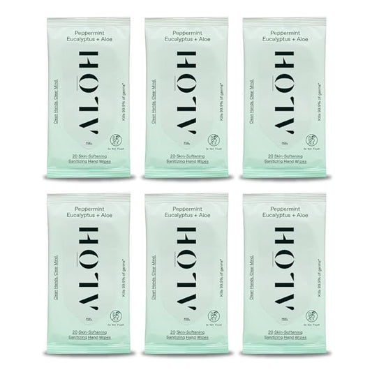 ALŌH Peppermint Eucalyptus Sanitizing Hand Wipes - Clean Hands, Clear Mind On The Go Sanitizer for Kids and Adults - Travel Size 6 packs of 20ct Wipes (120 Wipes)-DeskLoop Office