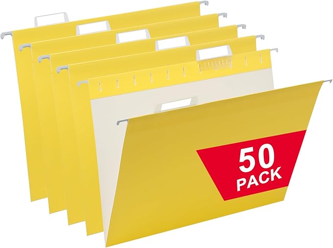 50 Packs Hanging File Folders,Yellow Letter Size File Folder,Designed for Bulky Files,Filing Cabinet,1/5 Adjustable Tabs for Office,School,Home-DeskLoop Office