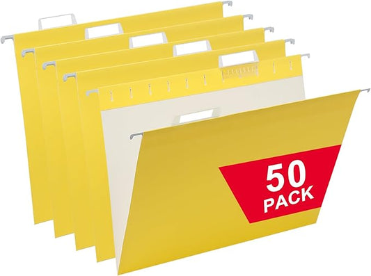 50 Packs Hanging File Folders,Yellow Letter Size File Folder,Designed for Bulky Files,Filing Cabinet,1/5 Adjustable Tabs for Office,School,Home-DeskLoop Office