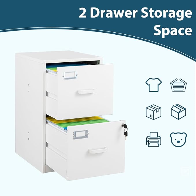 MIIIKO 2 Drawer Filing Cabinet with Lock, Metal Vertical File Cabinets for Home Office, Lockable File Storage Cabinets Under Desk, Letter/A4 File Folders Storage(White-Assembly Required-DeskLoop Office