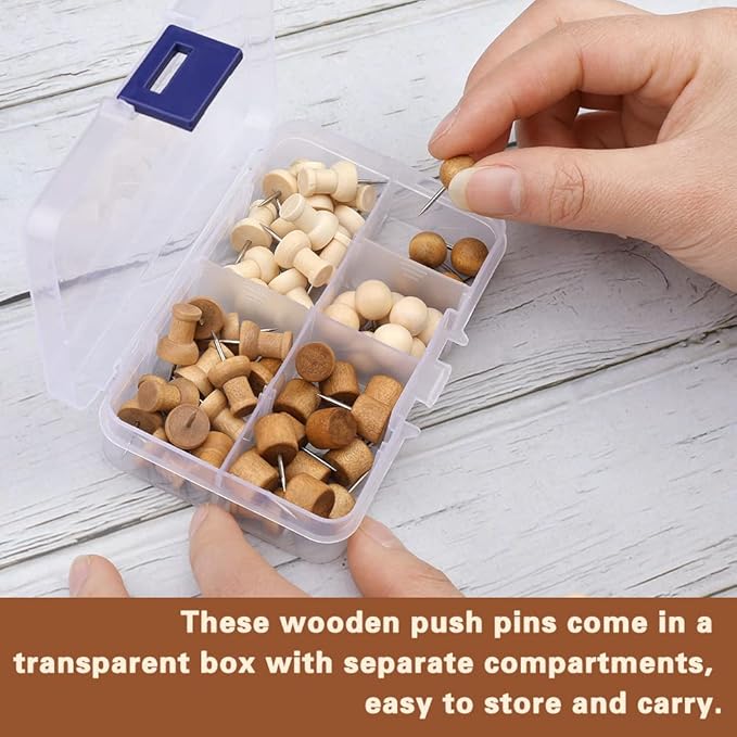 60 Pcs Wood Push Pins, 2 Colors and 5 Types Decorative Thumb Tacks Wooden Head Pin Map Tacks Marking Pin, Wood Thumb Tacks Decorative for Bulletin Boards Craft Projects with Storage Box-DeskLoop Office