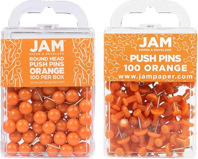 JAM PAPER Colorful Push Pins - Flat & Round Head Thumb Tack Combo Set - Orange Pushpins - 200/Pack-DeskLoop Office
