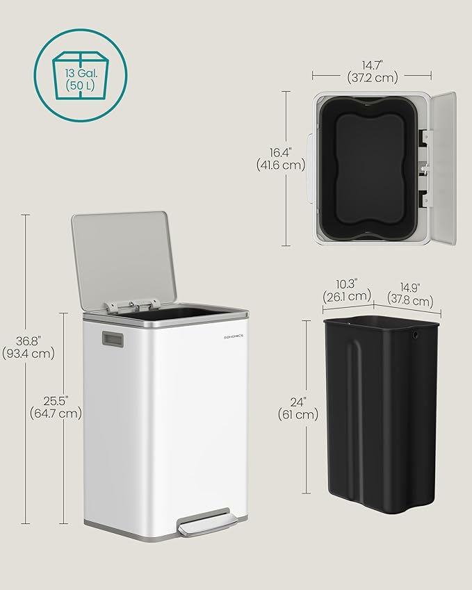 SONGMICS Trash Can, 13-Gallon Gabbage Can, with 15 Trash Bags, Steel, with Soft-Close Lid, Removable Inner Bucket, Handles, Cloud White ULTB595W01V1-DeskLoop Office