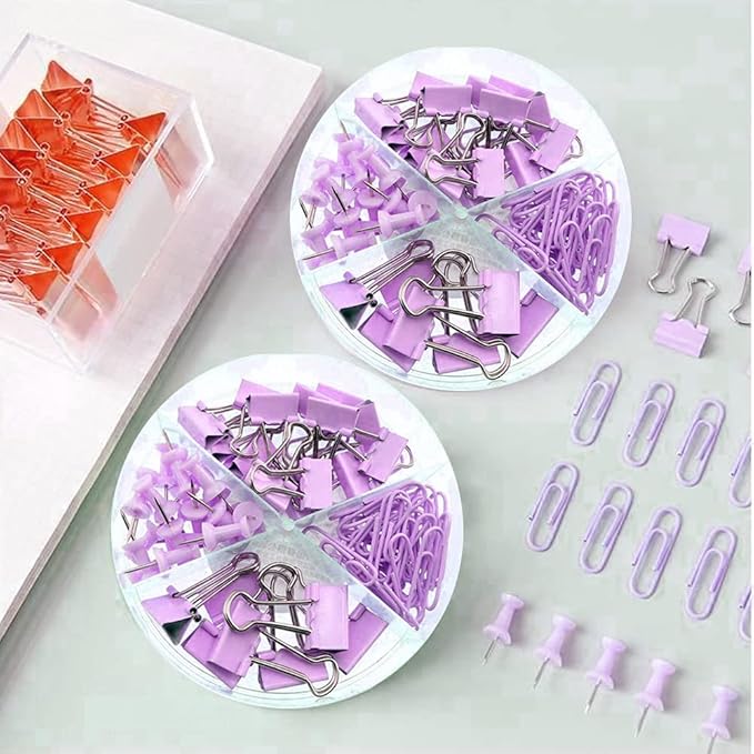 Purple Paper Clips and Binder Clips Set, 216 pcs, Metal Assorted Sized Binders with Push Pins, Cute Office Supplies for Desk, Durable Desk Accessories, 3 Pack-DeskLoop Office
