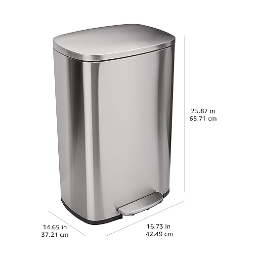 Amazon Basics Smudge Resistant Rectangular Trash Can With Soft-Close Foot Pedal, Brushed Stainless Steel, 50 Liter/13.2 Gallon, Satin Nickel Finish, 16.7"L x 14.7"W x 25.9"H-DeskLoop Office