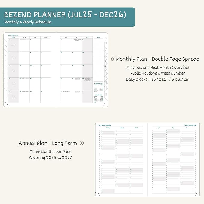 BEZEND Planner 2025-2026 Weekly and Monthly, 5.8" x 8.5" Academic Calendar (Jul 25-Dec 26) Vertical Daily Appointment with Hourly Timeslot & Monthly Tab, PU Leather Hardcover - Turquoise-DeskLoop Office