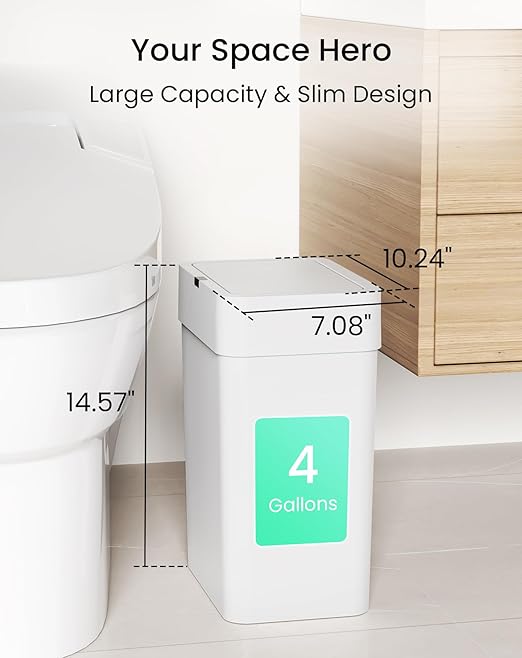Cesun Bathroom Trash Can with Lid, 4 Gallon Motion Sensor Garbage Can Automatic Touchless Trash Cans, Slim Plastic Smart Waste Basket for Bedroom, Office, Living Room, White-DeskLoop Office