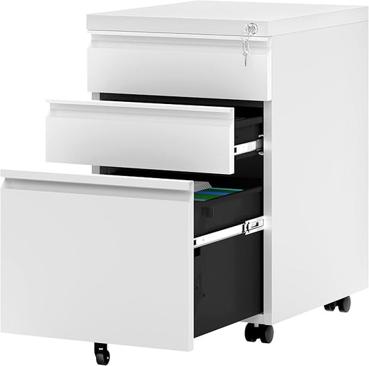 YITAHOME 3-Drawer Vertical File Cabinet, Mobile Metal Filing Cabinet with Lock for Legal/Letter Size, Pre-Built Office Storage File Cabinet Except Wheels Under Dese, White-DeskLoop Office