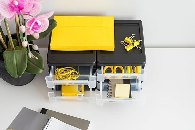 IRIS USA Plastic Stacking Desk Top 3-Drawer Storage Organizer, 2-Pack, for Makeup Vanity Nail Polish Bathroom Stationery Art Craft Supplies Kitchen Office Garage and Small Organization, Small, Black-DeskLoop Office