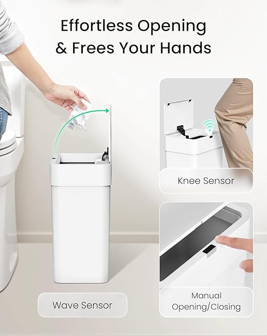 Cesun Bathroom Trash Can with Lid, 4 Gallon Motion Sensor Garbage Can Automatic Touchless Trash Cans, Slim Plastic Smart Waste Basket for Bedroom, Office, Living Room, White-DeskLoop Office