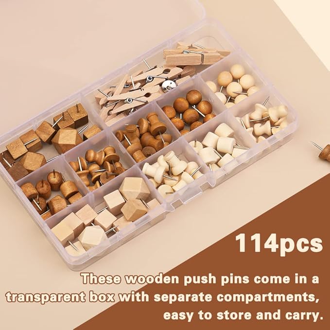 114 Pcs Wood Push Pins, 2 Colors and 7 Types Decorative Thumb Tacks Wooden Head Pin Map Tacks Marking Pin, Wood Thumb Tacks Decorative for Bulletin Boards Craft Projects with Storage Box-DeskLoop Office