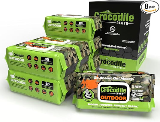 Crocodile Cloth Outdoor Cleaning Wipes – 8 Packs/640 Total Count Plant-Based Cloths (15"x10"), Skin Safe, Pre-Moistened, Aloe & Vitamin E Infused, Large, Absorbent, Multi-Surface Disposable Wipes-DeskLoop Office