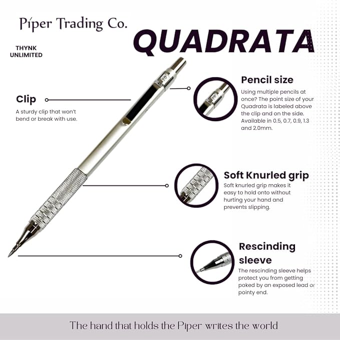 PIPER Quadrata Metal Mechanical Pencil 0.7mm with Erasers and HB #2 Lead Refills for Art, Sketching, Writing, Drafting (BluVerde)-DeskLoop Office