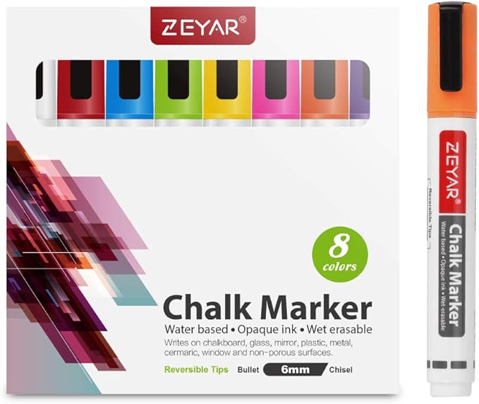 ZEYAR Liquid Chalk Marker-Wet Erase Marker, 6mm Reversible Tip-Bullet or Chisel, 8 Colors, Large Capacity, Writes on Nonporous Chalkboards, Bistro Boards, Windows and Plastic (8 Basic Colors)-DeskLoop Office