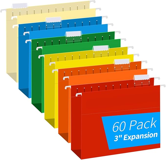 Extra Capacity Hanging File Folders, RAZCC 60 Pack Letter Size Reinforced Hanging Folders with Heavy Duty 3 Inch Expansion for Bulky Files, Filing Cabinet, Adjustable Tabs, Assorted Colors-DeskLoop Office