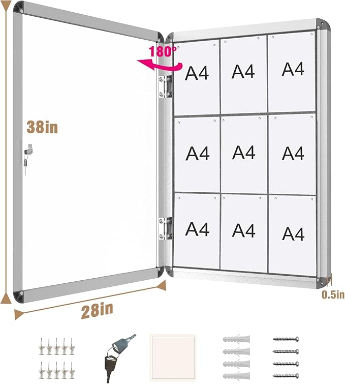 38"x28" Enclosed Bulletin Board, Lockable Weather-Resistant Aluminum Cork Noticeboard for School & Office, Silver Frame w/Grey Flet-DeskLoop Office