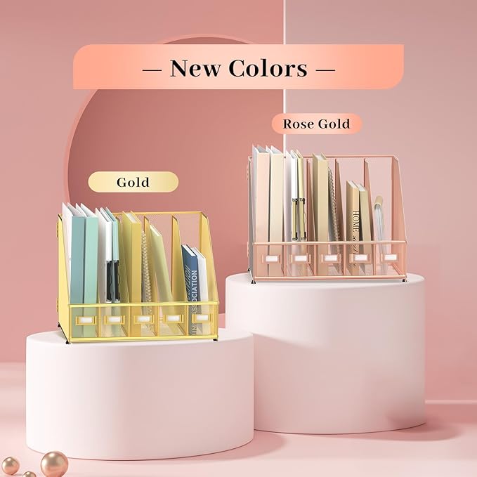 SUPEASY Desk Organizers Metal Desk Magazine File Holder with 5 Vertical Compartments Rack File Organizer for Office Desktop, Home Workspace, Rose Gold-DeskLoop Office