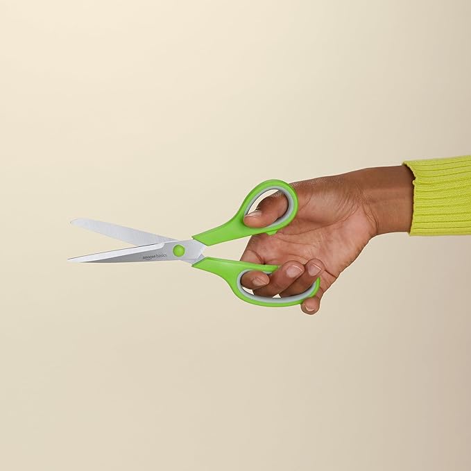 Amazon Basics Stainless Steel Scissors for Office, Crafts, Multipurpose, Sharp, Comfort Grip, PVD Coated, 2 Pack, Green and Grey-DeskLoop Office