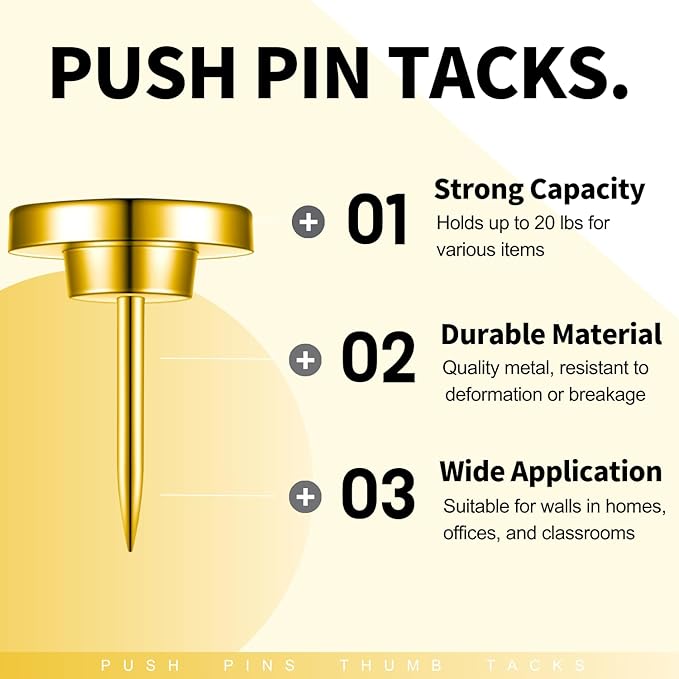 30 PCS Metal Gold Push Pins for Wall Clear Thumb Tacks for Walls Flat thumbtacks Push pin for Bulletin Board Shadow Box Display Thumbtack for Cork Board (Gold)-DeskLoop Office