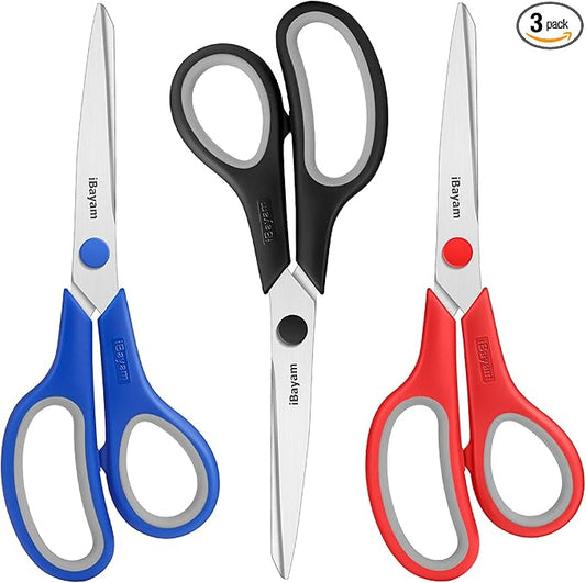 Scissors, iBayam 8" All Purpose Scissors Bulk 3-Pack, Ultra Sharp 2.5mm Thick Blade Shears Comfort-Grip for Office Desk Accessories Sewing Fabric Home Craft School Supplies, Right/Left Handed-DeskLoop Office