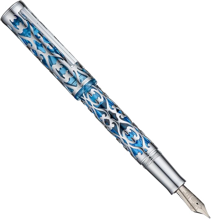 Hongdian D1 Piston Fountain Pen Fine Soft Nib, Silver Blue Hollow Skeleton & Resin Pen with Metal Case Set-DeskLoop Office