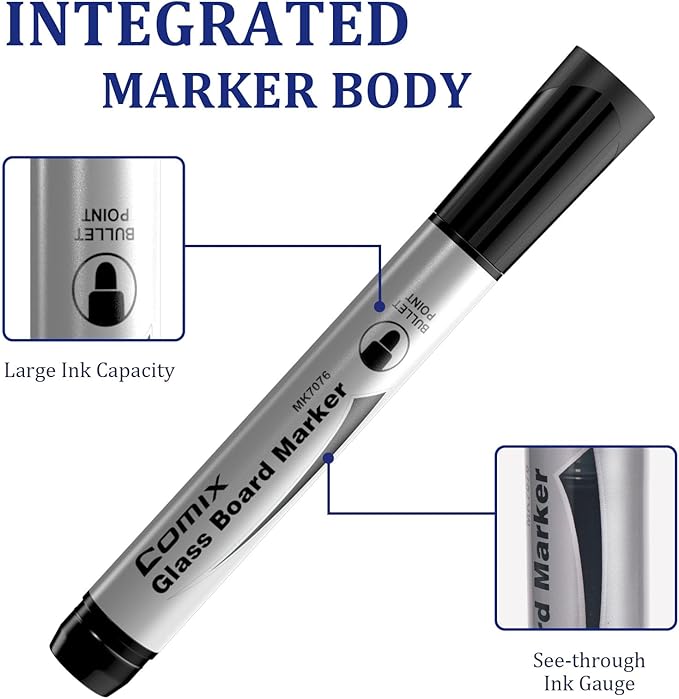 Comix Glass Board Dry Erase Markers, Low Odor Whiteboard Markers, Bullet Tip, 4 Assorted Colors, 12 Pack-DeskLoop Office