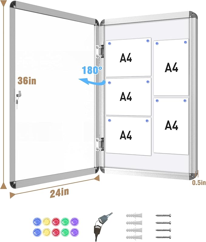 36"x24" Enclosed Bulletin Board, Lockable Weather-Resistant Aluminum Noticeboard for School & Office, Silver Frame w/Magentic Whiteboard-DeskLoop Office