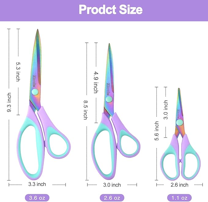 Craft Scissors Set of 3 pack, Sharp Rainbow Titanium Coating All Purpose Scissors, Ergonomic Semi-Soft Rubber Grip, Suitable for School, Office and Household Use, 9.2''/8.5''/5.6"-DeskLoop Office