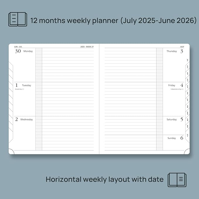 POPRUN Planner 2025-2026 (Large 8.5''x 10.5''), Horizontal Weekly Notebook Jul.2025 - Jun.2026, Academic Appointment Book with Monthly Tabs, Leather Hardcover, Inner Pocket, 100 GSM - Navy Blue-DeskLoop Office