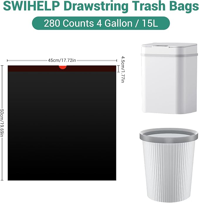SWIHELP Drawstring Trash Bags 280 Counts 4 Gallon Garbage Bags 15 Liters Plastic Trash Can Liners Waste Basket Bin Liners-DeskLoop Office