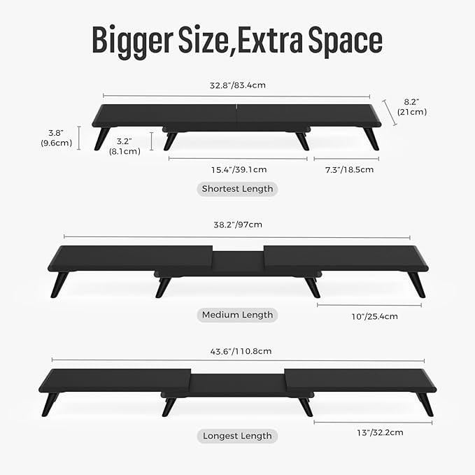 loukin Dual Monitor Stand Riser for Desk, 43.6"*8.2"*3.2" Large Computer Stand for 2 Monitors, Laptop, Printer, Length and Angle Adjustable Computer Shelf, Home Office,Max 43.6" Length(Black)-DeskLoop Office