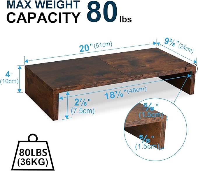 TEAMIX 20 Inch Monitor Stand Riser, Wooden Desktop Riser for TV/PC/Laptop/Printer, Rustic Brown Monitor Riser with Storage, Computer Stand Keyboard Organizer-DeskLoop Office