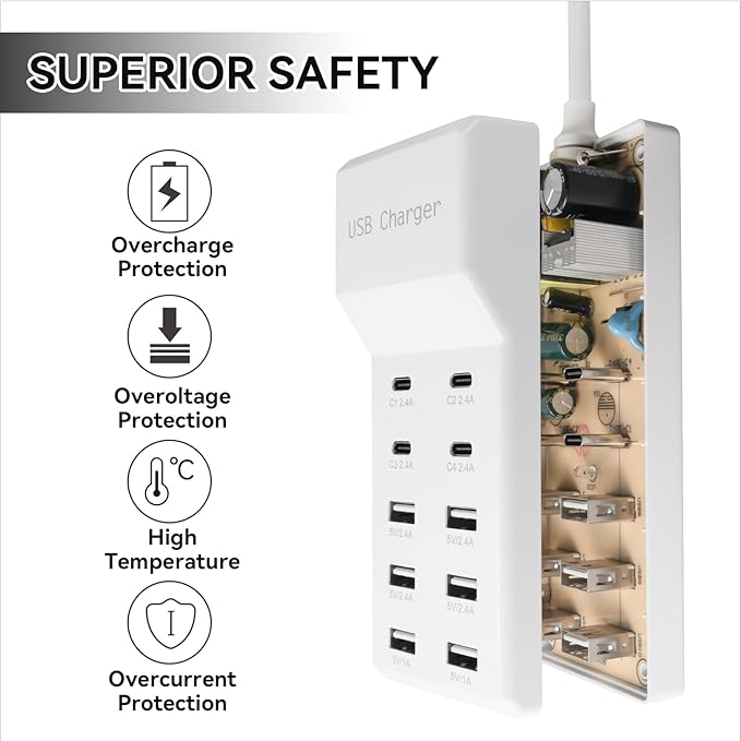 USB Charging Station, 10 Ports Family-Sized USB C Charger Block,USB Power Strip for Smart Phone Tablet Laptop Computer (1 Pcs)-DeskLoop Office