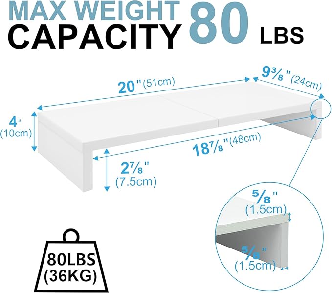 TEAMIX 20 inch White Monitor Stand Riser, Wood Desktop Stand for PC/TV/Laptop/Printer, White Monitor Riser with Storage, Computer Stand with Keyboard Organizer-DeskLoop Office