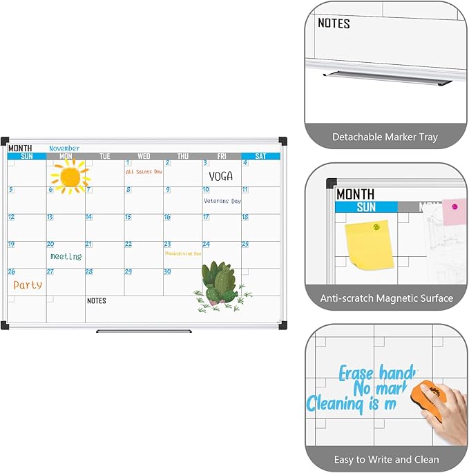 XBoard Magnetic Calendar Whiteboard 36" x 24" - Monthly Calendar Dry Erase Board, Reusable Colorful Calendar Board, Silver Aluminium Framed Monthly Planning Board-DeskLoop Office