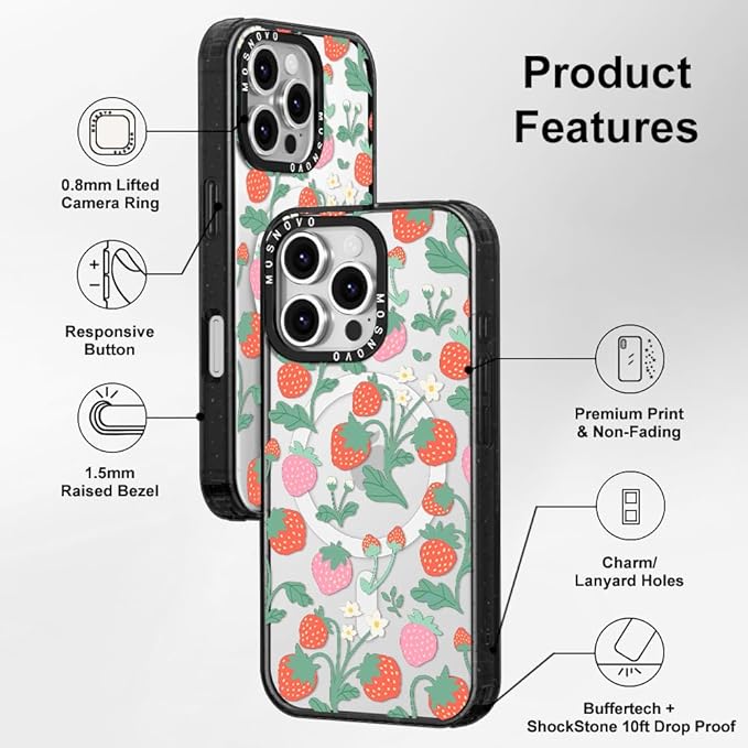 MOSNOVO Magnetic Case for iPhone 16 Pro, 10ft Military-Grade Protection, Compatible with Magsafe, Shockproof Phone Case for iPhone 16 Pro - Strawberry Garden - Clear Black-DeskLoop Office