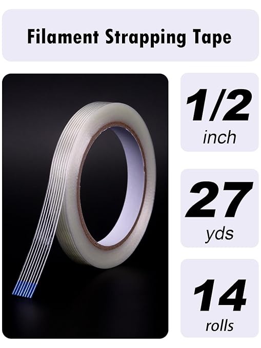 1/2 inch Mono Filament Strapping Tape, Heavy Duty Reinforced Filament Tape, Clear Fiberglass Reinforced Packing, (14 Rolls, 378yds Total)-DeskLoop Office