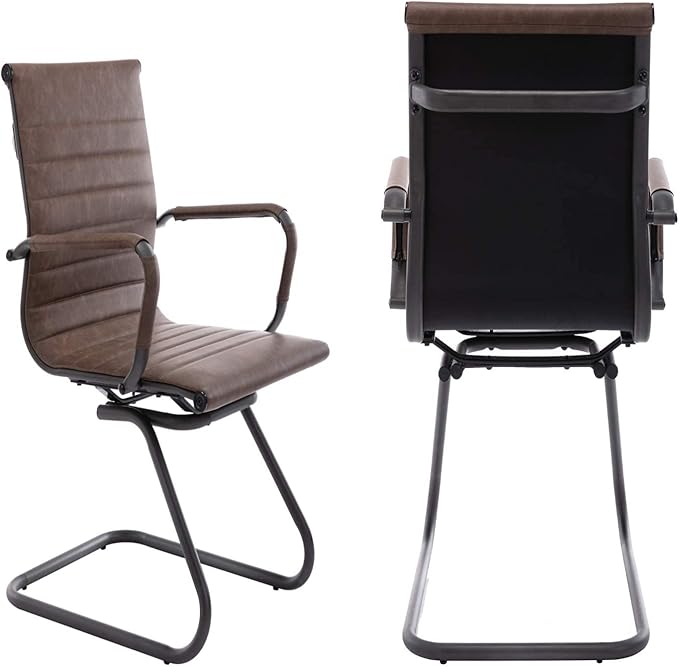 Office Desk Chair No Wheels Set of 4 PU Leather Computer Chairs Mid Back Guest Chairs for School Reception Conference Waiting Room, Vintage Brown-DeskLoop Office