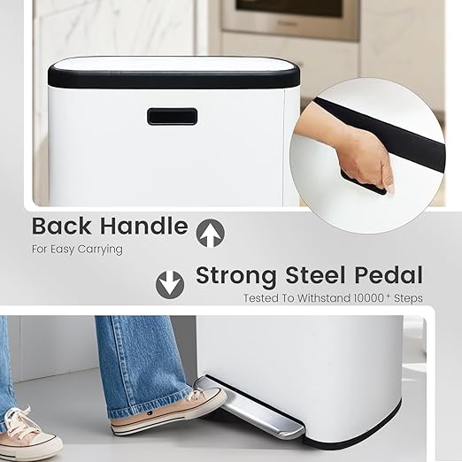 16 Gallon Dual Trash Can, Kitchen Recycling Bins with 2 x 8 Gallon Compartments, 2 Plastic Removable Liners, Soft-Close Lid, Stainless Steel Step Trash Can, White-DeskLoop Office